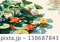 A flat illustration featuring orange, yellow, and white lotus flowers among green lily pads, showcasing a clean, minimalist aesthetic with bold color blocks and soft reflections. 138687843
