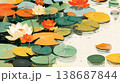A flat illustration featuring orange, yellow, and white lotus flowers among green lily pads, showcasing a clean, minimalist aesthetic with bold color blocks and soft reflections. 138687844