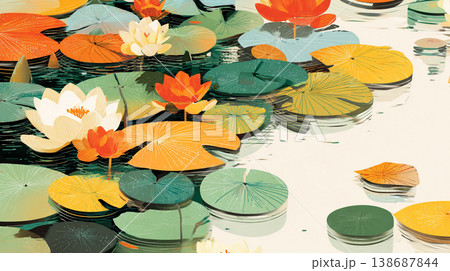 A flat illustration featuring orange, yellow, and white lotus flowers among green lily pads, showcasing a clean, minimalist aesthetic with bold color blocks and soft reflections. A flat illustration featuring orange, yellow, and white lotus flowers among green lily pads, showcasing a clean, minimalist aesthetic with bold color blocks and soft reflections. 138687844