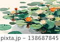 A flat illustration featuring orange, yellow, and white lotus flowers among green lily pads, showcasing a clean, minimalist aesthetic with bold color blocks and soft reflections. 138687845