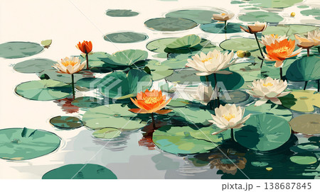 A flat illustration featuring orange, yellow, and white lotus flowers among green lily pads, showcasing a clean, minimalist aesthetic with bold color blocks and soft reflections. 138687845