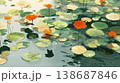 A flat illustration featuring orange, yellow, and white lotus flowers among green lily pads, showcasing a clean, minimalist aesthetic with bold color blocks and soft reflections. 138687846