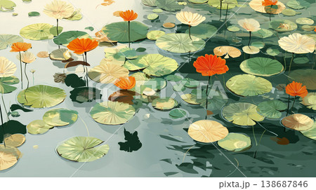 A flat illustration featuring orange, yellow, and white lotus flowers among green lily pads, showcasing a clean, minimalist aesthetic with bold color blocks and soft reflections. 138687846