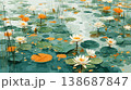 A flat illustration featuring orange, yellow, and white lotus flowers among green lily pads, showcasing a clean, minimalist aesthetic with bold color blocks and soft reflections. 138687847