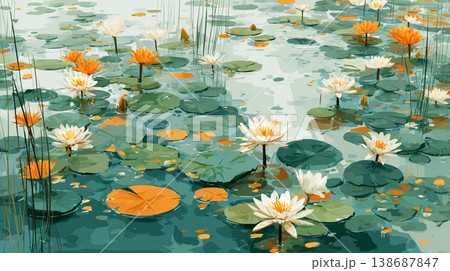 A flat illustration featuring orange, yellow, and white lotus flowers among green lily pads, showcasing a clean, minimalist aesthetic with bold color blocks and soft reflections. A flat illustration featuring orange, yellow, and white lotus flowers among green lily pads, showcasing a clean, minimalist aesthetic with bold color blocks and soft reflections. 138687847