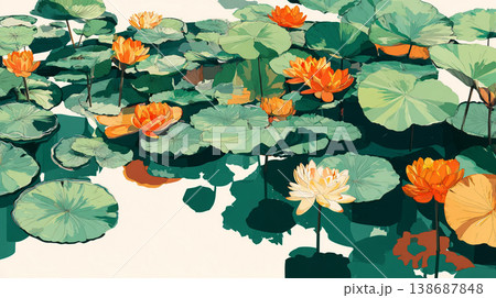 A flat illustration featuring orange, yellow, and white lotus flowers among green lily pads, showcasing a clean, minimalist aesthetic with bold color blocks and soft reflections. A flat illustration featuring orange, yellow, and white lotus flowers among green lily pads, showcasing a clean, minimalist aesthetic with bold color blocks and soft reflections. 138687848