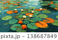 A flat illustration featuring orange, yellow, and white lotus flowers among green lily pads, showcasing a clean, minimalist aesthetic with bold color blocks and soft reflections. 138687849