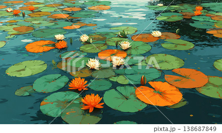 A flat illustration featuring orange, yellow, and white lotus flowers among green lily pads, showcasing a clean, minimalist aesthetic with bold color blocks and soft reflections. 138687849
