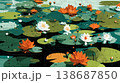 A flat illustration featuring orange, yellow, and white lotus flowers among green lily pads, showcasing a clean, minimalist aesthetic with bold color blocks and soft reflections. 138687850