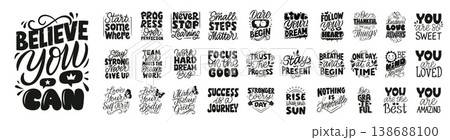 Hand Lettered Motivational Quotes Bundle with Positive Affirmations, Self Love Phrases and Eco Friendly Slogans in a vector illustration 138688100
