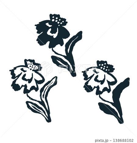 Hand drawn abstract flowers black silhouettes bundle with expressive brush strokes and rough textured edges 138688102