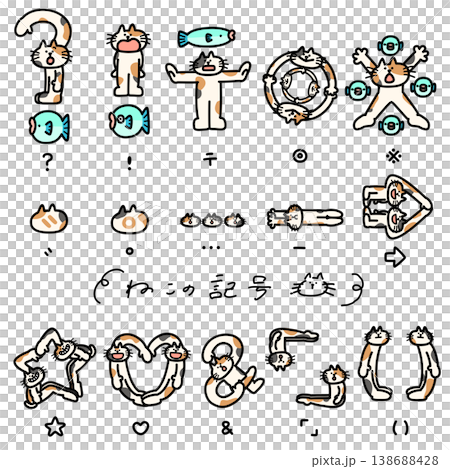一隻三色貓用身體擺出各種符號。 138688428