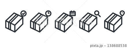 発送済み・発送準備中・入荷予定・追跡・配送先を表す配送箱アイコン5種セットの線画素材 138688538