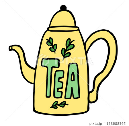 Hand drawn tea pot for home, house, cafe, restaurant, drink menu, recipe decoration, sticker, department store, supermarket, mart, beverage, kitchenware, office workers, workload, breakfast, lunch	 138688565