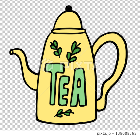 Hand drawn tea pot for home, house, cafe, restaurant, drink menu, recipe decoration, sticker, department store, supermarket, mart, beverage, kitchenware, office workers, workload, breakfast, lunch	 138688565