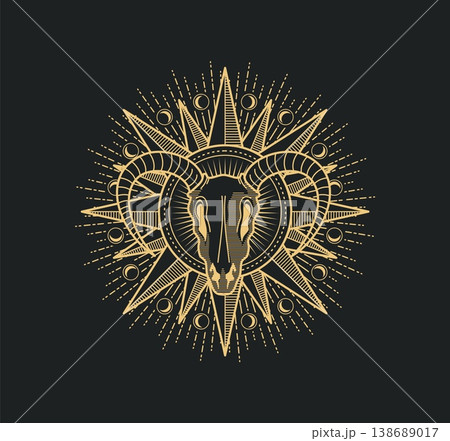 Witchcraft occult mystic goat skull and star symbol or sign. Tarot sorcery occult line tattoo, cultist magic mystical golden vector seal. Alchemy or astrology mystic round symbol with ram horns 138689017