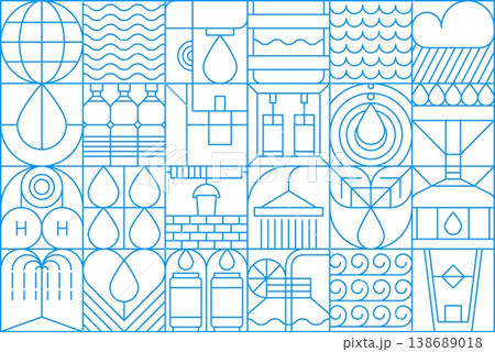 Abstract water geometric pattern. Blue geometric pattern with waves, rippling seas, and raindrops. Minimalist vector elements including bottles, glasses, ice cubes for World Water Day campaign 138689018