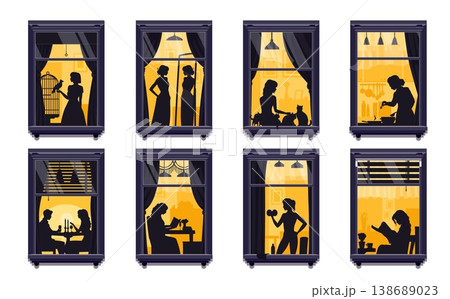 Female silhouettes in neighborhood night windows. Vector house building facade with woman reading, cooking and relaxing, exercising, feeding pets and having conversations. Couple dining by candlelight Female silhouettes in neighborhood night windows. Vector house building facade with woman reading, cooking and relaxing, exercising, feeding pets and having conversations. Couple dining by candlelight 138689023