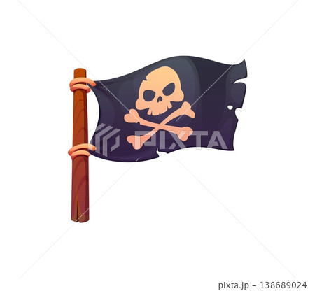 Pirate icon of Jolly Roger flag with skull and crossbones for Caribbean corsair, cartoon vector. Pirate ship black flag of marine corsairs or nautical filibuster bandits for pirate icon or game asset Pirate icon of Jolly Roger flag with skull and crossbones for Caribbean corsair, cartoon vector. Pirate ship black flag of marine corsairs or nautical filibuster bandits for pirate icon or game asset 138689024