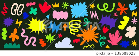 Abstract graphic shapes of organic groovy retro elements. Speech bubble, textbox and talk stickers. Vector set of hippie psychedelic blobs, hearts, stars, swirls and expressive decorative elements 138689025