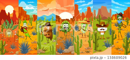 Cartoon vegetables collage with cowboys and bandit characters. Corn in feather headdress, chili pepper with gun, potato with a revolver, broccoli with pistol, lettuce in sombrero, asparagus with lasso Cartoon vegetables collage with cowboys and bandit characters. Corn in feather headdress, chili pepper with gun, potato with a revolver, broccoli with pistol, lettuce in sombrero, asparagus with lasso 138689026