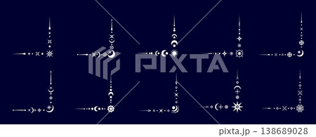 Magic mystic celestial border corners. Elegant vector corner frames in gold. Mystical moon, sun, and stars for tarot cards, astrology themes, spiritual branding, witchcraft, horoscope layout Magic mystic celestial border corners. Elegant vector corner frames in gold. Mystical moon, sun, and stars for tarot cards, astrology themes, spiritual branding, witchcraft, horoscope layout 138689028