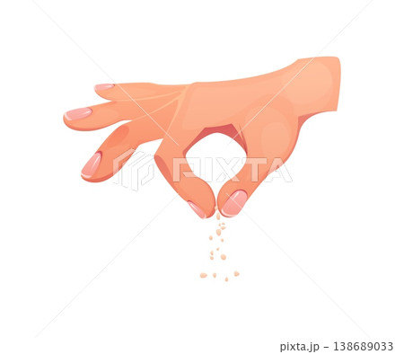 Hand sprinkling salt between fingers during cooking process. Close up of human hand gesture with seasoning grains falling down. Isolated cartoon vector food preparation and kitchen action stage 138689033