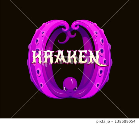 Cartoon pirate kraken heraldry emblem with curled purple octopus tentacles, heraldry icon, game asset with bold lettering. Vector mythology maritime danger and adventure icon with fantasy sea monster 138689054