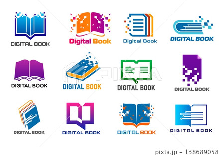 Digital online book icons of vector education, digital library or e book symbols set. Opened book, dictionary, paper document or diary isolated silhouettes with color pixel and circuit pattern 138689058