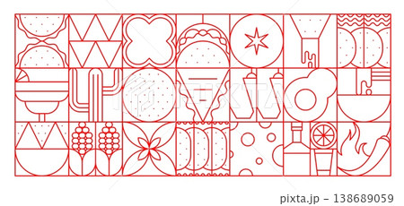 Mexican cuisine food geometric abstract pattern. Vector red line art background with tacos, avocado, chili pepper, corn, cacti, lime, bottle, maracas and tortilla chips arranged in modular mosaic grid Mexican cuisine food geometric abstract pattern. Vector red line art background with tacos, avocado, chili pepper, corn, cacti, lime, bottle, maracas and tortilla chips arranged in modular mosaic grid 138689059