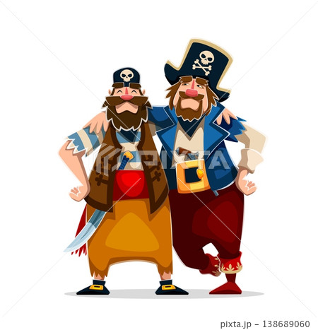 Cartoon two cheerful pirate characters. Sailor and skipper, boatswain and captain corsair or filibuster personages. Vector swashbuckling friends stand side by side and hugging, ready for sea adventure Cartoon two cheerful pirate characters. Sailor and skipper, boatswain and captain corsair or filibuster personages. Vector swashbuckling friends stand side by side and hugging, ready for sea adventure 138689060