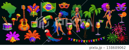 Brazil carnival party characters, music instruments and drinks, vector Rio de Janeiro carnaval set. Cartoon samba dancers, carnival party feather masks, Brazil map and flag, palms, toucan and parrot 138689062