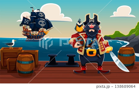 Pirate captain with sword and treasures chest on the port pier. Cartoon vector corsair sailor character with parrot on shoulder stands near barrels. Adventurous nautical scene with galleon ship in sea 138689064