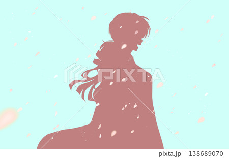 背中合わせの笑顔の男女 桜吹雪 シルエット 背中合わせの笑顔の男女 桜吹雪 シルエット 138689070