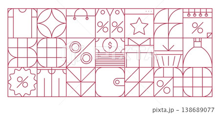 Shopping and retail sale geometric abstract pattern. Vector grid background with linear discount icons like percentage signs, price tags, shopping bags, clothes, wallets, and gift boxes for sales 138689077