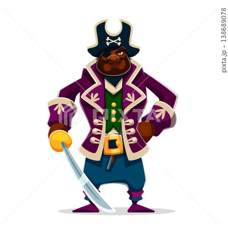 Cartoon afroamerican pirate with saber. Medieval corsair character with curved sword in hand. Vector black African American bearded sea rover personage with eye patch, purple captain coat and tricorn 138689078