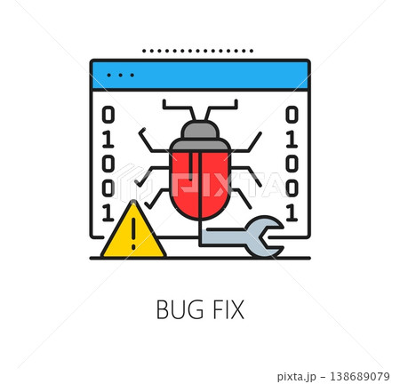 Bug fix icon with software bug inside computer screen, warning sign and wrench tool for debugging and maintenance. Programming error solution in system development process, technology vector sign 138689079
