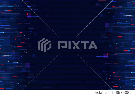 Pixel glitch effect on noise screen background. Abstract digital backdrop with horizontal blue and red distortion lines. Vector dynamic cyber technology futuristic screen interference or motion effect 138689080