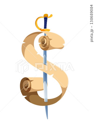 Pirate font paper scroll and sword punctuation dollar sign. Piracy nautical font, marine sailing alphabet type vector element. Pirate typeface punctuation mark with sword blade pierces parchment paper 138689084
