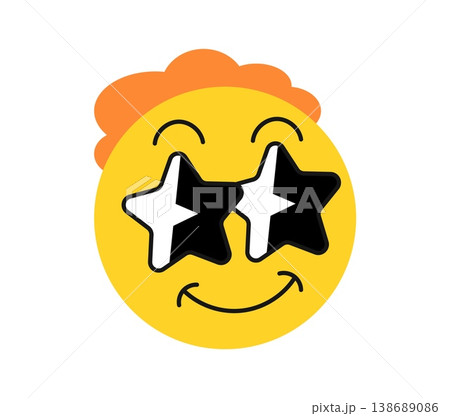 Vintage Y2K groovy emoji face in star sunglasses sticker or funky label. Retro 90s vector patch, funky cool sticker. Vintage 2000s tag or Y2K nostalgic label with cheerful emoji face personages 138689086