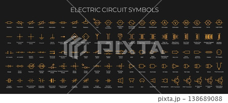 Electric circuit symbols, schematic electronic diagram vector icons. Resistor, switch and wire with light elements, inductor, battery, transistor and lamps, electric circuit blueprint line symbols set 138689088