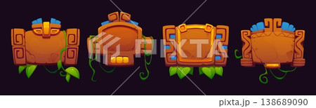Aztec Inca Maya mexican game frame board asset, vector UI. Cartoon brown rock game frame boards and signs with green vines and leaves of liana plants, stone texture and ancient aztec totem pattern 138689090