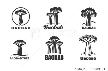 Baobab tree icons with vector silhouettes of african savanna and madagascar forest plants. Black baobab trees symbols set with abstract leaves and bottle shaped trunks, african safari and nature park 138689101