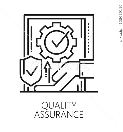 Product quality assurance inspection line icon or label. Quality certification sign, regulatory inspection vector icon. Product regulation control pictogram or symbol with shield, hand and cogwheels Product quality assurance inspection line icon or label. Quality certification sign, regulatory inspection vector icon. Product regulation control pictogram or symbol with shield, hand and cogwheels 138689110