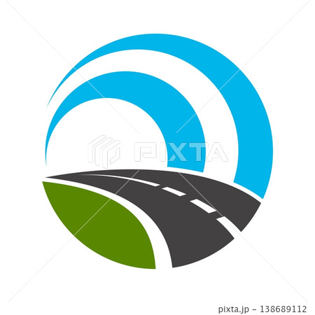 Asphalt highway route graphic icon or label. Asphalt pathway symbol, freeway road vector icon. Highway way abstract emblem or speed route label with road line markings, green field and blue sky Asphalt highway route graphic icon or label. Asphalt pathway symbol, freeway road vector icon. Highway way abstract emblem or speed route label with road line markings, green field and blue sky 138689112
