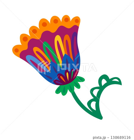 Mexican ethnic print abstract flower element with colorful ornate big bud. Hispanic folk nature decoration, Mexican colorful plant vector decor. Mexico ethnic flower element or object 138689116