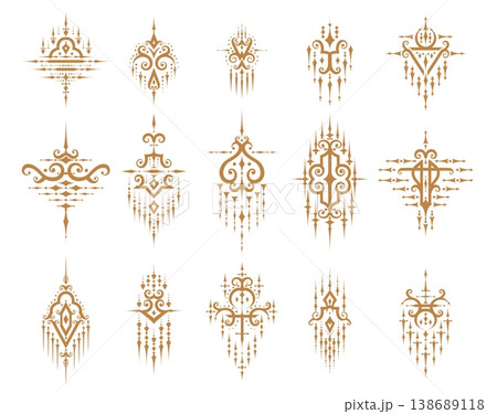 Sacred oriental thai symbols and embellishment decorations. Vector gold talisman, tattoo or mystic amulet isolated symbols set with ancient thai geometric pattern and sacred oriental elements 138689118