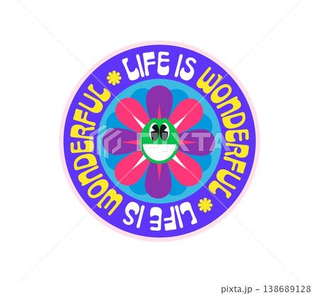 Life is wonderful Y2K groovy sticker or retro tag. Funny 80s groovy vector label, cute Y2K patch. Sticker or tag with positive phrase typography and chamomile flower happy character Life is wonderful Y2K groovy sticker or retro tag. Funny 80s groovy vector label, cute Y2K patch. Sticker or tag with positive phrase typography and chamomile flower happy character 138689128