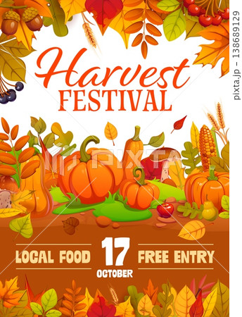 Autumn harvest festival party flyer with cartoon fall leaves borders. Vector autumn event and Thanksgiving holiday party invitation flyer with maple and chestnut leaves, pumpkins, acorns and mushroom 138689129