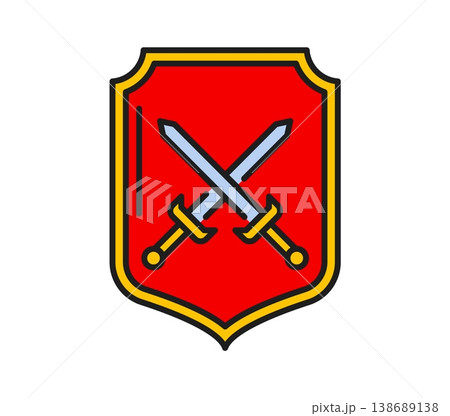 Heraldry red shield with crosses sword color line icon or symbol. Royal heraldry outline symbol, ancient crest sign. Antique Coat of Arms icon 138689138